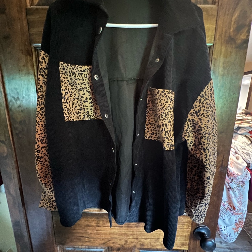 Leopard Print Black Corduroy Jacket